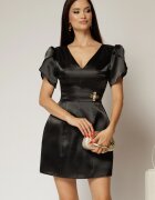  Rochie neagra scurta din tafta cu accesoriu auriu in talie