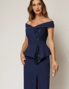  Rochie Roberta bleumarin de ocazie cu peplum si paiete