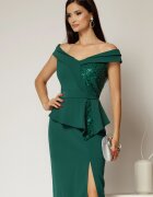  Rochie Roberta verde de ocazie cu peplum si paiete