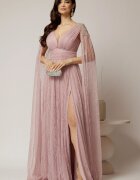  Rochie roz lunga de seara din dantela cu aplicatii pe umeri