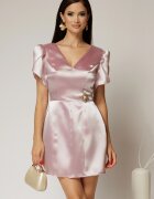  Rochie roz scurta din tafta cu accesoriu auriu in talie