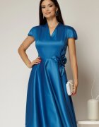  Rochie Sabrina albastru petrol din tafta cu accesoriu floral texil si decolteu in V