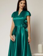  Rochie Sabrina verde din tafta cu accesoriu floral textil si decolteu in V