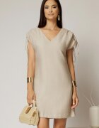  Rochie scurta bej cu croi drept din rayon cu decolteu in V si snur la maneci