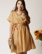  Rochie scurta bej din tencel in clos cu elastic si cordon in talie