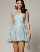 Rochie scurta bleu cu buline din tencel cu snur la spate si decolteu patrat