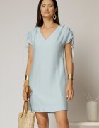  Rochie scurta bleu cu croi drept din rayon cu decolteu in V si snur la maneci