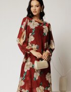  Rochie scurta bordo cu imprimeu bej din voal cu croi drept