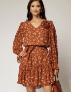  Rochie scurta caramizie cu imprimeu floral si volanas la baza