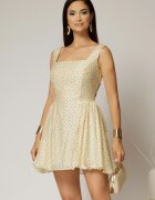  Rochie scurta gabena cu buline din tencel cu snur la spate si decolteu patrat