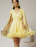  Rochie scurta galbena de ocazie cu aplicatii florale pe talie din voal peliculizat