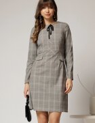  Rochie scurta gri cu carouri snur la guler si fusta tip A