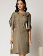  Rochie scurta kaki cu fir lurex cu croi drept si maneci tip lalea