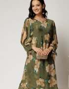  Rochie scurta kaki cu imprimeu bej din voal cu croi drept