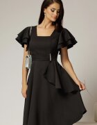  Rochie scurta neagra cu maneci scurte evazate si aplicatie pe talie
