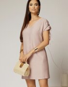  Rochie scurta roz cu croi drept din rayon cu decolteu in V si snur la maneci
