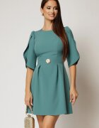  Rochie scurta turcoaz cu accesoriu in talie si maneci tip lalea