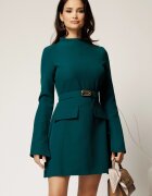  Rochie scurta verde din stofa cu clapete tip buzunare si curea in talie