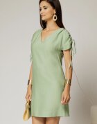  Rochie scurta verde fistic cu croi drept din rayon cu decolteu in V si snur la maneci