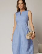  Rochie tip sarafan bleu cu decupaj la bust si fusta gogosar din poplin