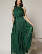  Rochie verde lunga de ocazie din voal peliculizat cu cordon impletit