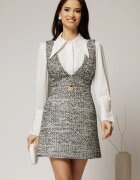  Sarafan DY Fashion din tweed alb negru cu detaliu auriu in talie