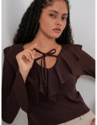 Big Dart Bluza dama - HiCCUP - crop - volane - decolteu in V - maro - textil