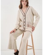 Big Dart Set tricotat cardigan cu decolteu in V - detalii cu buzunare - pantaloni largi - Ivory Natural - tricot -