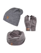 Broedrene Set 3 in 1 barbati - Brodrene - Caciula + fular tip guler + manusi - Acril - Circumferinta 56-60 cm - Gri deschis