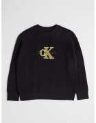 Calvin Klein Pulover din bumbac organic cu decolteu la baza gatului si aplicatie logo contrastanta - Negru