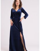 CAMISSI Rochie lunga din catifea cu slit lateral - Bleumarin