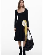 Desigual Rochie midi din amestec de bumbac cu decolteu patrat - Negru/Maro nisip
