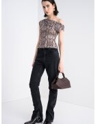 Gina Tricot Tricou cu animal print si decolteu pe un umar - Maro inchis/Negru