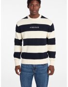 Guess Jeans Pulover cu dungi - decolteu la baza gatului si logo - Alb fildes/Bleumarin