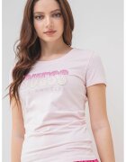 Guess Tricou cu decolteu rotund si logo - Roz deschis