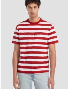 Guess Tricou cu imprimeu in dungi si logo brodat - Rosu