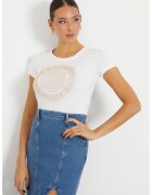 Guess Tricou din amestec de bumbac cu aplicatii cu strasuri - Crem