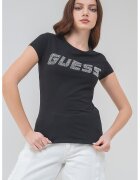 Guess Tricou din amestec de bumbac cu logo din strasuri - Negru/Argintiu