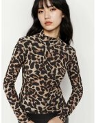 HiCCUP Bluza dama - guler pe jumatate - imprimeu leopard - tricot - negru/maro