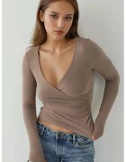 HiCCUP Bluza dama - top cu maneca lunga - decolteu in V - slim fit - maro castor - jerseu -