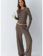 HiCCUP Compleu dama set coordonat cu pantaloni largi - dungi - maro castor