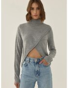 HiCCUP Pulover dama asimetric - guler inalt - gri - tricot