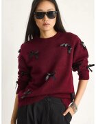 HiCCUP Pulover dama - cu guler rotund - detalii funda - rosu - tricot -