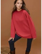HiCCUP Pulover dama - lung tricotat gros - guler rotund - rosu - tricot