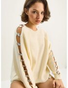 HiCCUP Pulover dama - Pulover gat rotund - detalii din pietre - crem natural - jerseu -