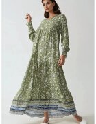 HiCCUP Rochie maxi - viscoza imprimata - guler rotund - verde