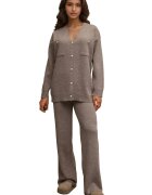 HiCCUP Set tricotat cardigan cu decolteu in V si pantaloni largi - talie inalta - maro melange - tricot