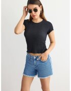HiCCUP Top dama - scurt - maneca scurta - decolteu rotund - negru - poliester