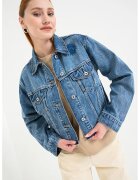 HUGO Jacheta crop de denim Anouk - Albastru melange