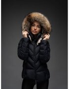 Katerini Geaca matlasata cu umplutura de puf gasca eleganta cambrata scurta cu gluga detasabila si blana - ELLERY - culoare Negru - marime L -